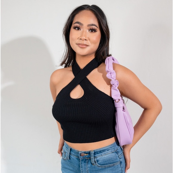 New-Black Knit Halter Crop Top - Stretchy & Soft - Picture 3 of 5